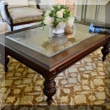 F04. Ethan Allen caned glass top coffee table. 17”h x 36” x 47”d 
